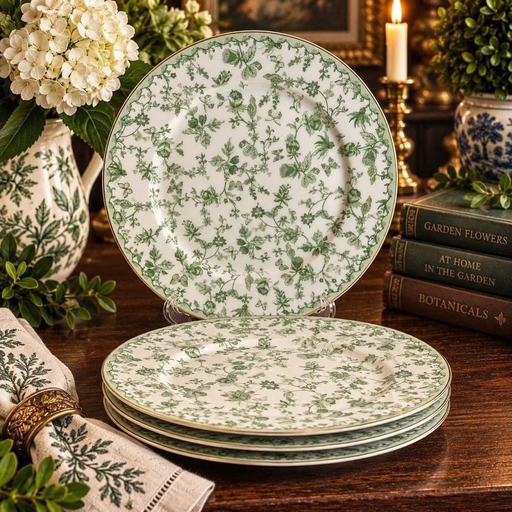 Grace Teaware Green Botanical Butterfly Dinner Plates 10.5" Set of 4 New